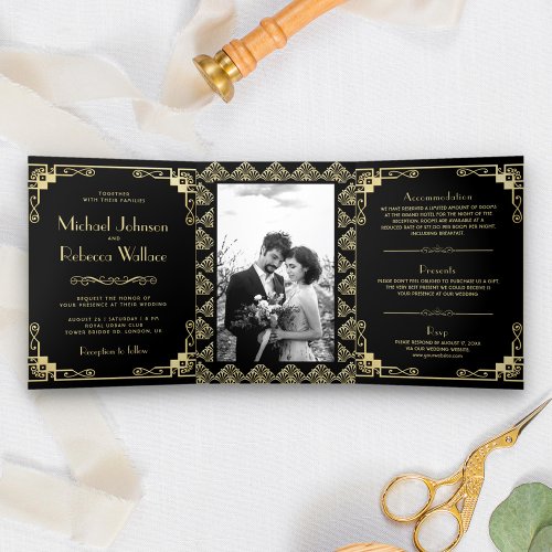 Vintage Art Deco Style Black and Gold Wedding Tri_Fold Invitation
