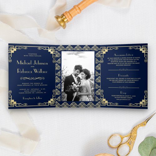 Vintage Art Deco Style Blue and Gold Wedding Tri_Fold Invitation