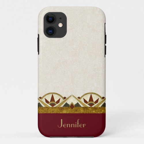 Vintage Art Deco Style Burgundy Gold Personalized iPhone 11 Case