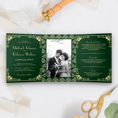 Vintage Art Deco Style Green and Gold Wedding Tri_Fold Invitation