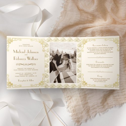 Vintage Art Deco Style Ivory and Gold Wedding Tri_Fold Invitation