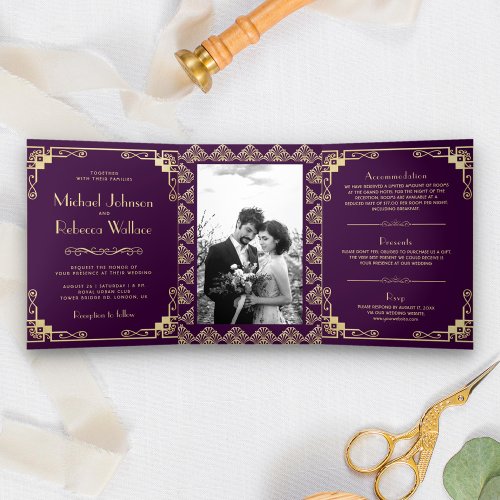 Vintage Art Deco Style Purple and Gold Wedding Tri_Fold Invitation