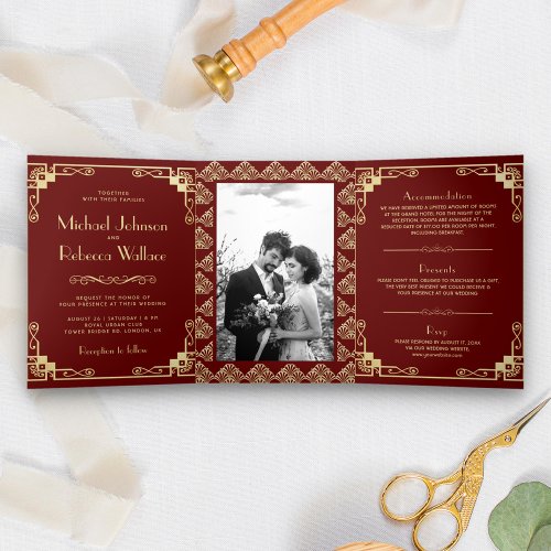 Vintage Art Deco Style Red and Gold Wedding Tri_Fold Invitation