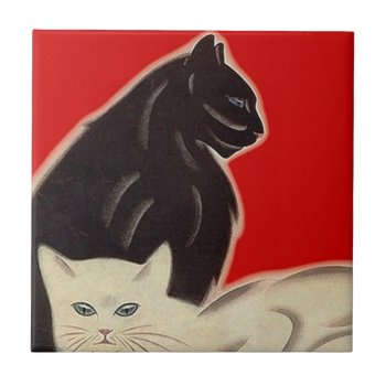 Vintage Art Deco Style Red Black White Cats Tile by rainsplitter at Zazzle