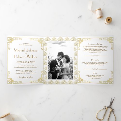 Vintage Art Deco Style White and Gold Wedding Tri_Fold Invitation