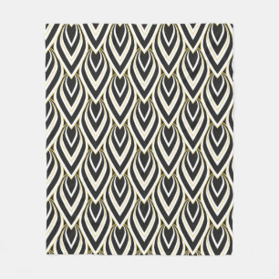 Vintage Art Deco Teardrop Black, Gold, White Tiled Fleece Blanket