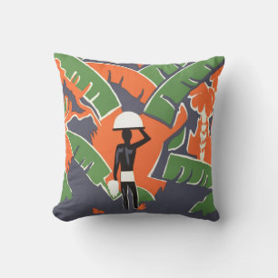 Vintage Art Deco Travel, Native in African Jungle Throw Pillow