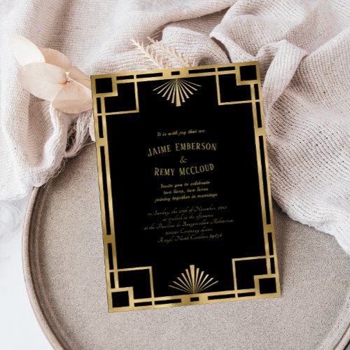 Vintage Art Deco Wedding Black  Gold StyleB Invitation