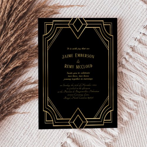 Vintage Art Deco Wedding Black  Gold StyleC Invitation