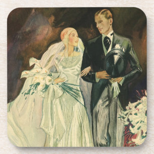 Vintage Art Deco Wedding Bride and Groom Newlyweds Beverage Coaster