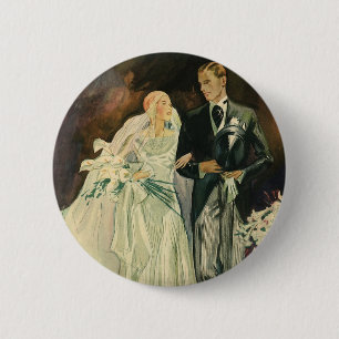 Vintage Art Deco Wedding Bride and Groom Newlyweds Button
