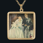 Vintage Art Deco Wedding Bride and Groom Newlyweds Gold Plated Necklace<br><div class="desc">Vintage illustration love and romance art deco image featuring a bride and groom walking down the aisle after the wedding ceremony. The man is wearing a tuxedo and the woman is wearing a white wedding gown and carrying a bouquet of calla lily flowers. The happy newlywed couple start their marriage....</div>