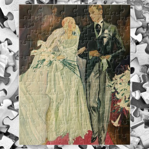 Vintage Art Deco Wedding Bride and Groom Newlyweds Jigsaw Puzzle