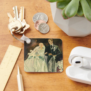 Vintage Art Deco Wedding Bride and Groom Newlyweds Keychain