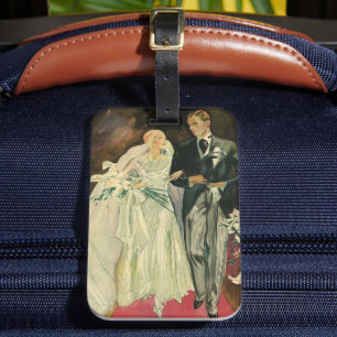 Vintage Art Deco Wedding Bride and Groom Newlyweds Luggage Tag