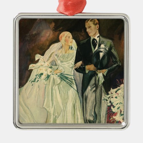 Vintage Art Deco Wedding Bride and Groom Newlyweds Metal Ornament