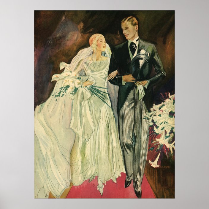 Vintage Art Deco Wedding Bride And Groom Newlyweds Poster