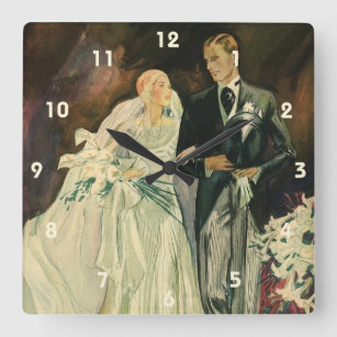 Vintage Art Deco Wedding Bride and Groom Newlyweds Square Wall Clock