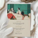 Vintage Art Deco Wedding Menu Card Dinner Scene<br><div class="desc">Set a sophisticated tone for your wedding dinner with this vintage Art Deco-inspired menu card. The front showcases a stylish dinner scene from the 1920s, featuring elegantly dressed guests at a formal table, framed by soft lighting and a rich, moody color palette of teal, coral, and cream. This design captures...</div>