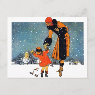 Vintage Art Deco Winter Mother and Child in Snow Postcard