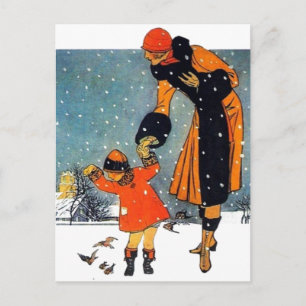 Vintage Art Deco Winter Mother and Child in Snow Postcard