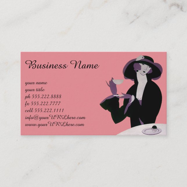 Vintage Art Deco Woman, Afternoon Tea and Cupcake Business Card (Front)