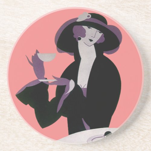 Vintage Art Deco Woman Afternoon Tea and Cupcake Drink Coaster