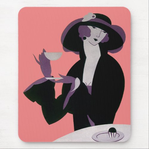 Vintage Art Deco Woman Afternoon Tea and Cupcake Mouse Pad