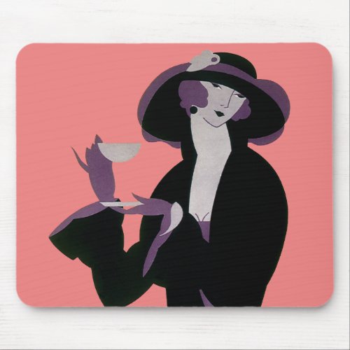 Vintage Art Deco Woman Afternoon Tea and Cupcake Mouse Pad