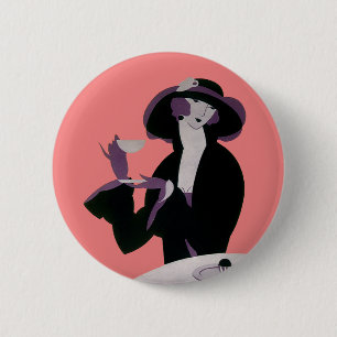 Vintage Art Deco Woman, Afternoon Tea and Cupcake Pinback Button