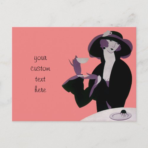 Vintage Art Deco Woman Afternoon Tea and Cupcake Postcard