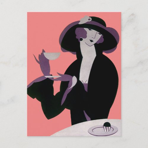 Vintage Art Deco Woman Afternoon Tea and Cupcake Postcard