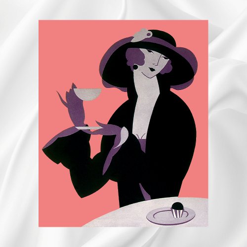 Vintage Art Deco Woman Afternoon Tea and Cupcake Poster