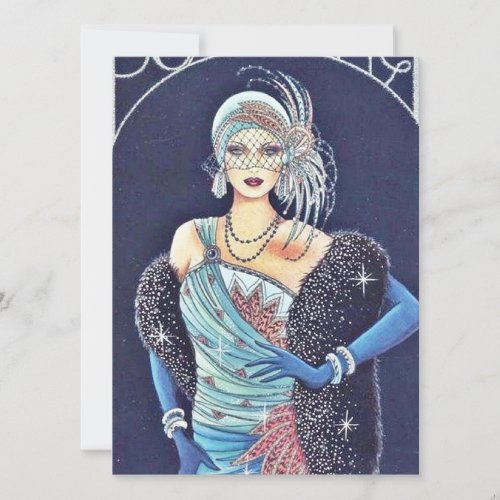 Vintage Art Deco Woman Blue Christmas Holiday Card