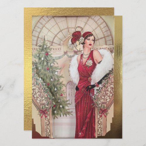 Vintage Art Deco Woman Christmas Holiday Card