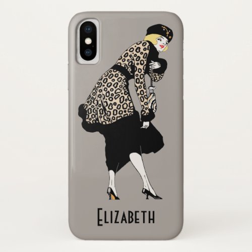 Vintage Art Deco Woman in Leopard Print Jacket iPhone X Case