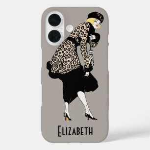 Vintage Art Deco Woman in Leopard Print Jacket iPhone 16 Case