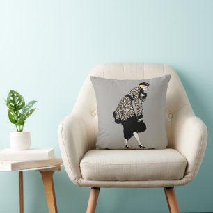 Vintage Art Deco Woman in Leopard Print Jacket Throw Pillow