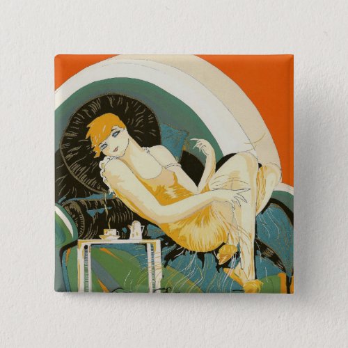 Vintage Art Deco Woman Reclining on Couch Chompre Button