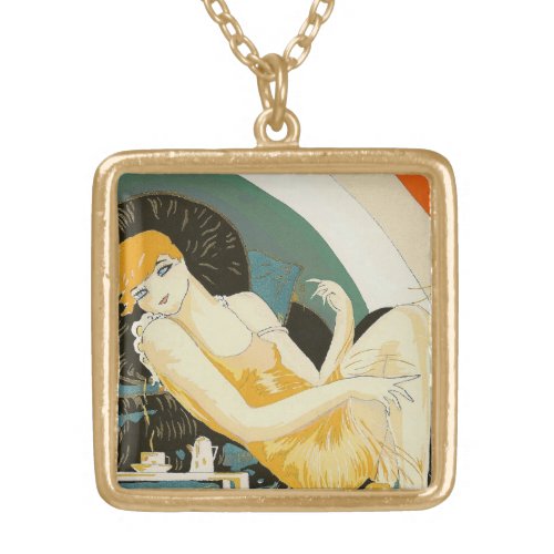 Vintage Art Deco Woman Reclining on Couch Chompre Gold Plated Necklace