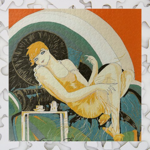 Vintage Art Deco Woman Reclining on Couch Chompre Jigsaw Puzzle
