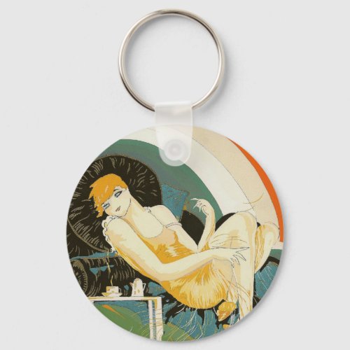 Vintage Art Deco Woman Reclining on Couch Chompre Keychain