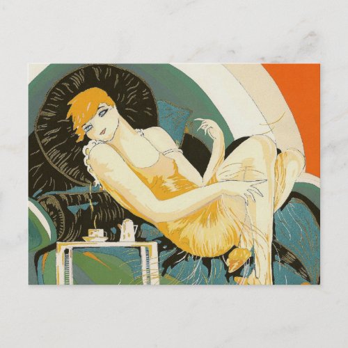 Vintage Art Deco Woman Reclining on Couch Chompre Postcard