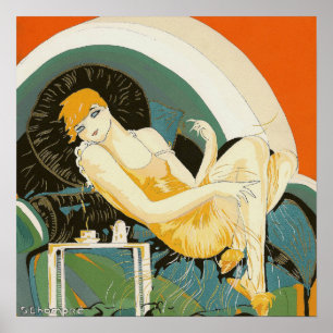 Vintage Art Deco Woman Reclining on Couch, Chompre Poster
