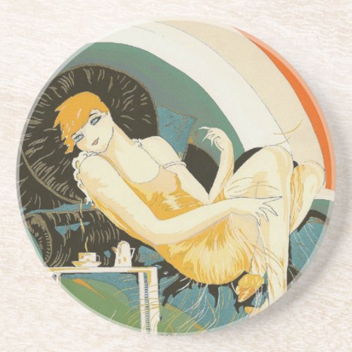 Vintage Art Deco Woman Reclining on Couch Chompre Sandstone Coaster