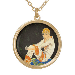Vintage Art Deco Woman, Smoking by S. Chompre Gold Plated Necklace