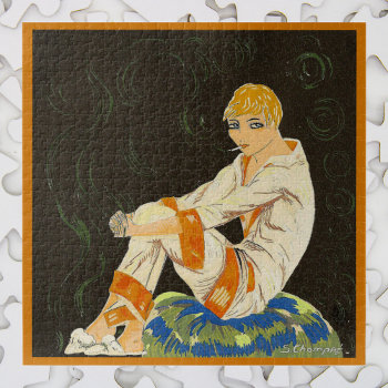 Vintage Art Deco Woman  Smoking By S. Chompre Jigsaw Puzzle by YesterdayCafe at Zazzle