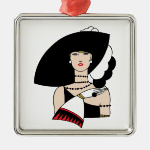 Vintage Art Deco Woman Wearing Hat Gloves Color Metal Ornament