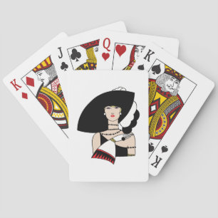Vintage Art Deco Woman Wearing Hat Gloves Color Poker Cards