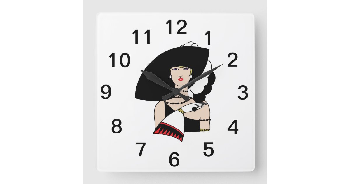 Vintage Art Deco Woman Wearing Hat Gloves Color Square Wall Clock | Zazzle